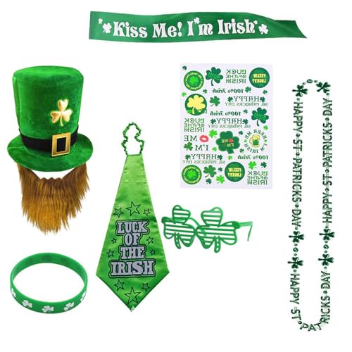 X-Institute 7-teiliges Patrick Kostüm Set Inklusive Leprechaun Hut Mit Bart Langer Krawatte Armband Für Damen Und Herren Irish Day Cosplay Party Festliche Kleidung von X-Institute