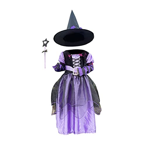 X-Institute Halloween Cosplay Hexenkleid & Hut Deluxe Set Süßes Märchen Hexenkostüm Für Kinder Kinder Mädchen Cosplay Party Kinder Hexenkleid Cosplay Party Set von X-Institute