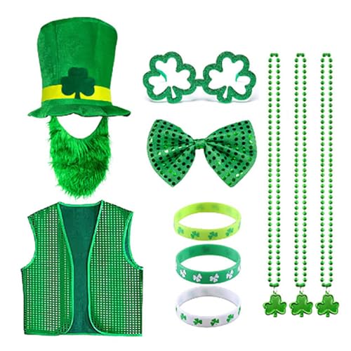 X-Institute Patrick's Day Kostüme Pailletten Weste Kleeblatt Kobold Hut Lange Halskette Armband Männer Frauen Kostüm Zubehör Set Kostüm Zubehör Set Erwachsene von X-Institute