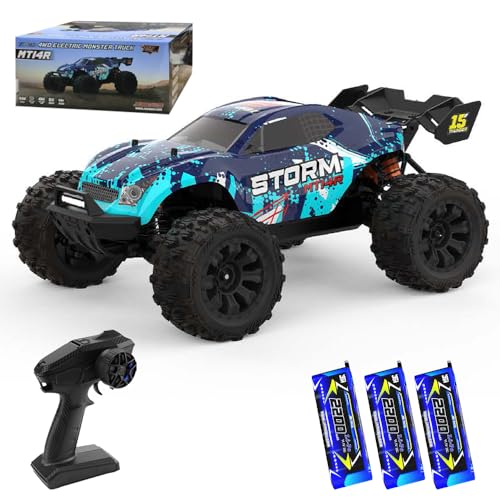 X-Verse 1:14 100KM/H Ferngesteuertes Auto, 4WD Wasserdichtes RC Autos mit 3S Bürstenloser Motor, 2.4GHz All Terrain Offroad RC Truck Truggy für Erwachsene, 3 Batterien(Blau) von X-Verse