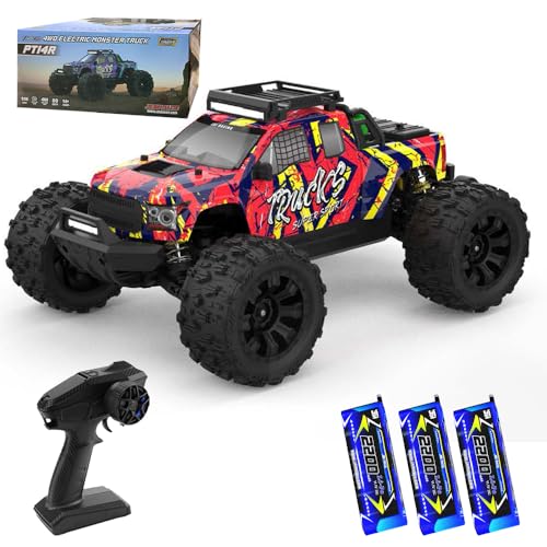 X-Verse 1:14 100KM/H Ferngesteuertes Auto, 4WD Wasserdichtes RC Autos mit 3S Bürstenloser Motor, 2.4GHz All Terrain Offroad RC Truck Truggy für Erwachsene, 3 Batterien(Gelb) von X-Verse