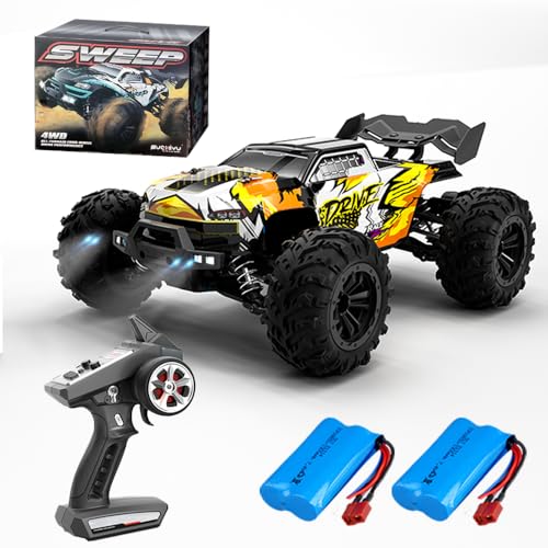 X-Verse 1:16 70KM/H Ferngesteuertes Auto mit Bürstenloser Motor, 4WD RC Auto Geländewagen Offroad, 2.4GHz All Terrain Offroad RC Truck Truggy für Erwachsene, 2 Batterien(Gelb) von X-Verse