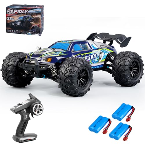 X-Verse 1:16 Ferngesteuertes Auto, 50KM/H Kohlebürste Motor RC Hohe Geschwindigkeit Offroad Drift Rennauto, 2.4Ghz 4WD All Terrain Offroad Auto Rennauto, 3 Batterien (Blau) von X-Verse