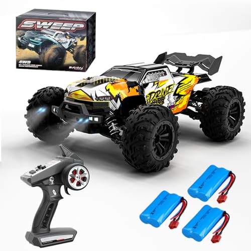 X-Verse 16102PRO Ferngesteuertes Auto mit Bürstenloser Motor, 2.4GHz 1:16 4WD RC Auto Geländewagen Offroad, 70KM/H Offroad Drift Auto Spielzeugauto, Geschenk für Kinder Erwachsene,3 Batterien(Gelb) von X-Verse