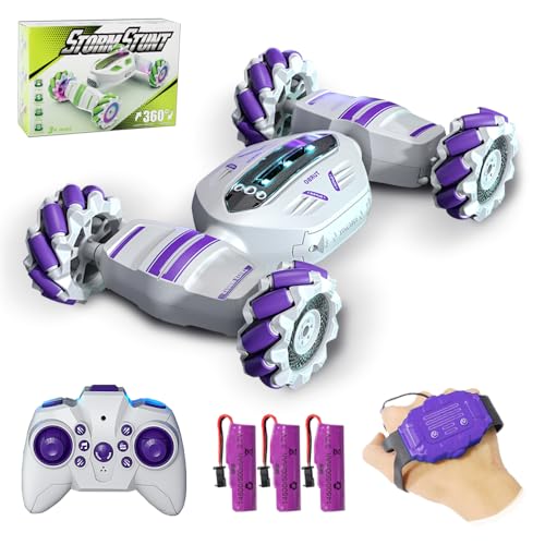 X-Verse S022 RC Stunt Auto, 360° Flip Ferngesteuertes Geländewagen für Kinder, 2.4GHz 4WD Uhr Gestensensor Fernbedienung Verformbares Elektrisches Spielzeugauto, 3 Batterien (Lila) von X-Verse