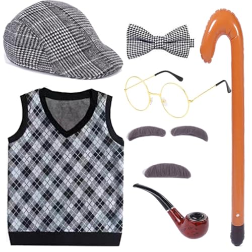 Großvater Set Halloween Alter Mann Kostüm Set Opa Hut Pfeife Brille Augenbrauen Schnurrbart für 100 Schultag von XAGMODSHN