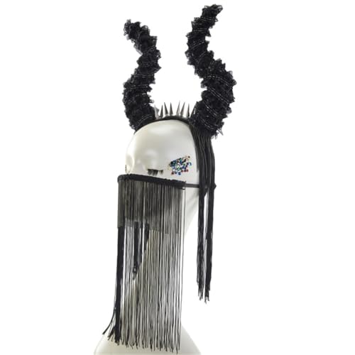 Halloween Teufelshörner Stirnband Antilope Stirnband Horn Kopfbedeckung Kette für Frauen Fransen Maskerade von XAGMODSHN