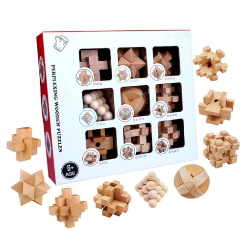 XAGMODSHN 9 x 3D-Holz-Hirn-Teaser, Puzzle-Entfernung, Zusammenbauen, Schlösser, Spielzeug, Entwicklung, Lernspielzeug, Geschenk für Jungen und Mädchen von XAGMODSHN