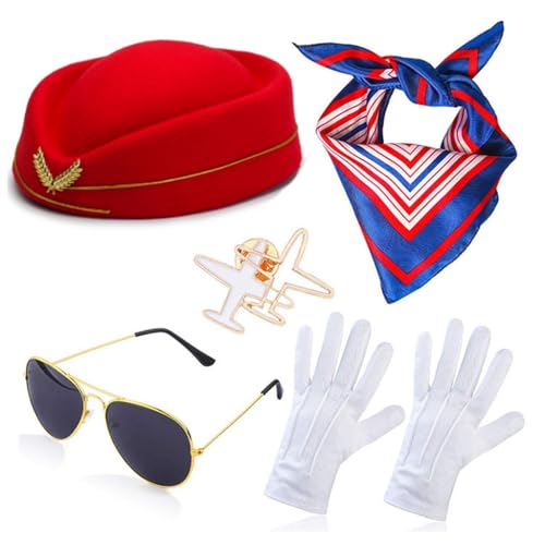 XAGMODSHN Stewardess Hut Sonnenbrille Schal Halloween Kostüm für Jugendliche für Air Hostess Party Kostüm Cosplay Dress Up von XAGMODSHN