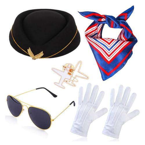 XAGMODSHN Stewardess Hut Sonnenbrille Schal Halloween Kostüm für Jugendliche für Air Hostess Party Kostüm Cosplay Dress Up von XAGMODSHN