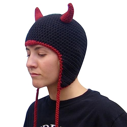 XAGMODSHN Strickmütze mit Ohrenklappen und Ohrenklappen, Teufelshorn-Hut, Halloween, lustiger Hut, Schwarz mit rotem Rand, 1 XAGMODSHN Strickmütze mit Ohrenklappen und Ohrenklappen, Teufelshorn-Hut, Halloween, lustiger Hut, Schwarz mit rotem Rand, 1 von XAGMODSHN