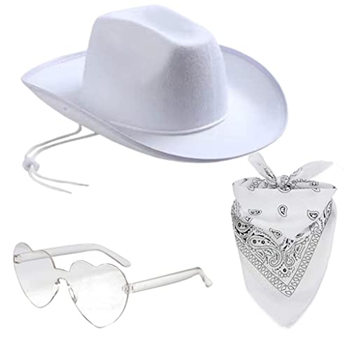 XAGMODSHN Westernhut für Damen, Taschentuch, Herz-Set, Cosplay, Party, Hut, Kostüm, Fedora-Hut, Kopfschmuck, Weiß von XAGMODSHN