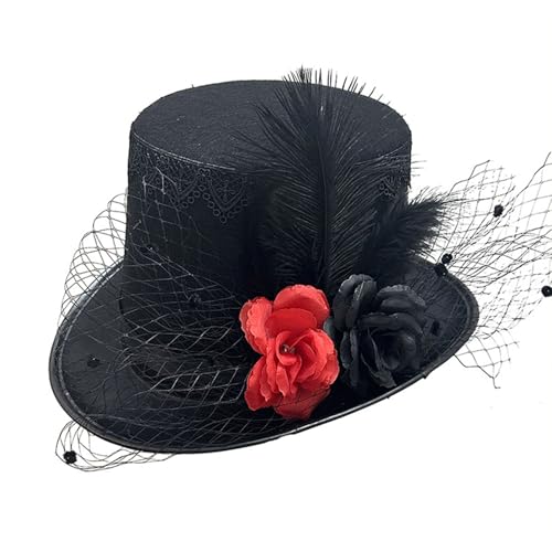 XANHOY Damen Herren Unisex Zylinderhut mit Blume Cosplay Kostüm Kopfbedeckung Halloween Fedoras Karneval Party Zubehör Jazzy Hat von XANHOY