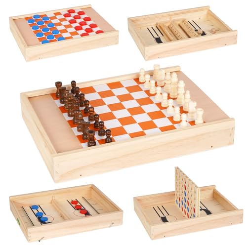 5-in-1 Holz-Schachspiel, Brettspiel, Schachspiel, Schlingen, Puck-Spiel, 10,2 cm einer Reihe, Tischspiele, Set mit Schließbox, Würfelspiel mit Aufbewahrungsbox, Reise-Schachbrettspiel für Kinder, von XAOHAO