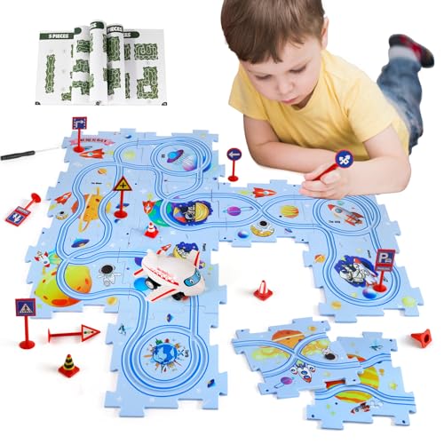 XAZASTOV Auto Spielzeug Autorennbahn mit Flugzeug Puzzle Spielzeugauto für Kinder DIY Puzzlebahn Kinderspielzeug Spielzeug ab 2-6 Jahren Montessori Lernspielzeug für 3 4 5 6 Jungen Mädchen von XAZASTOV