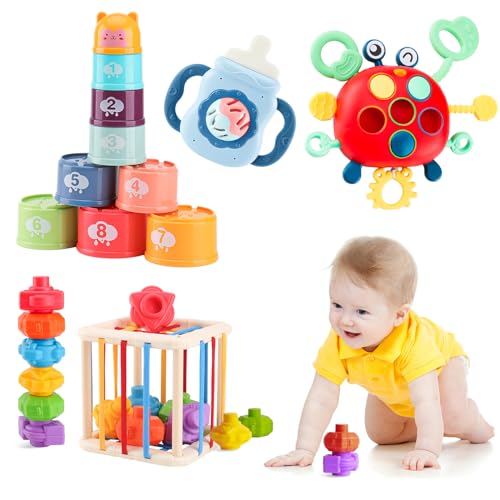 XAZASTOV Baby Spielzeug ab 3 6 9 12 Monate, Montessori Spielzeug ab 1 Jahr, Motorikspielzeug ab 1 2 3 Jahr Geschenk Junge Mädchen mit Stapelbecher, Zugschnur Spielzeug, Beißspielzeug, Motorikwürfel von XAZASTOV