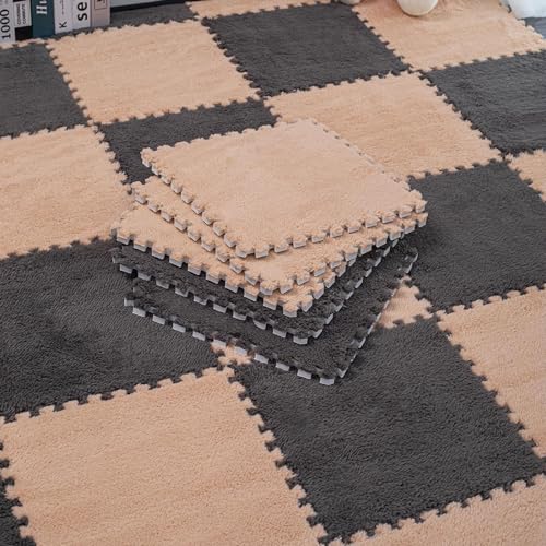 48-Teiliges Puzzle-Spielset, Teppichfliesen, Ineinandergreifende Schaumstofffliesen, Plüsch-Bodenspielset, Wohnzimmer, 30 X 30 cm (Grau + Khaki 0,39 Zoll) von XAoSCd