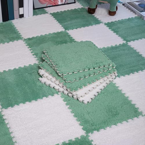 48-Teiliges Puzzle-Spielset, Teppichfliesen, Ineinandergreifende Schaumstofffliesen, Plüsch-Bodenspielset, Wohnzimmer, 30 X 30 cm (Grün + Weiß 0,39 Zoll) von XAoSCd