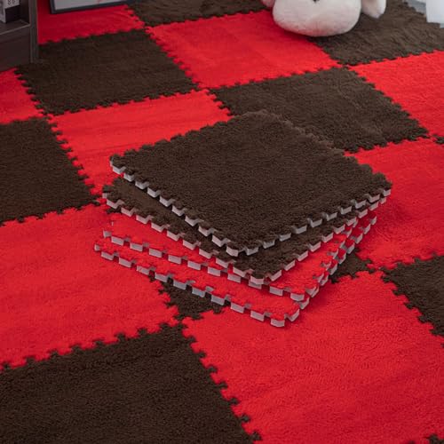 48-Teiliges Puzzle-Spielset, Teppichfliesen, Ineinandergreifende Schaumstofffliesen, Plüsch-Bodenspielset, Wohnzimmer, 30 X 30 cm (Rot + Kaffeebraun 0,6 cm) von XAoSCd
