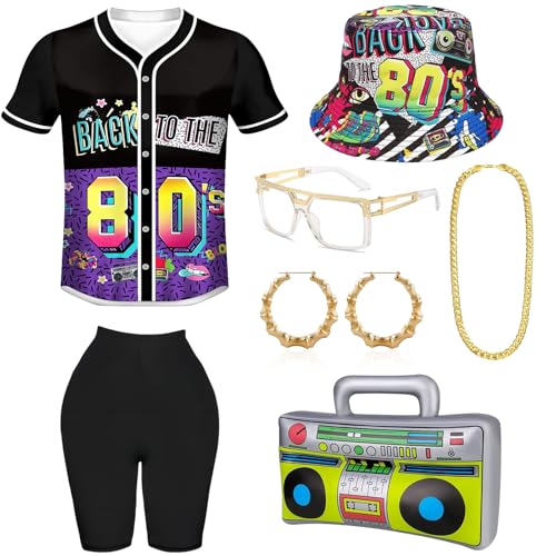 80er & 90er Jahre Outfit,Hip Hop Lockere Oberteile Fischerhüte Gläser Ohrringe Halskette,Aufblasbar Hip Hop Radio,mit 80er Jahre Accessoires Fasching Hip Hop Thema Party Kostüm Damen Herren - 2XL von XCMVCN