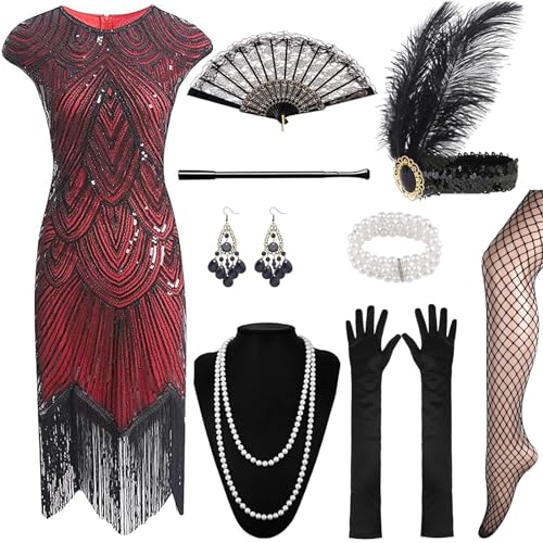 XCMVCN 12 Stück 1920er Charleston Kleid Pailletten Perlen Fransen Gatsby, Kleid mit 20er Jahre Accessoires, Vintage Mafia Kostüm,Cocktailkleid,Faschingskostüm (Schwarz+Rot,S) von XCMVCN