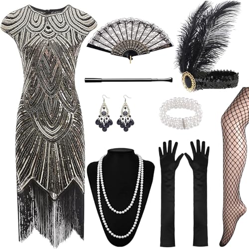 XCMVCN 12 Stück 1920er Charleston Kleid Pailletten Perlen Fransen Gatsby, Kleid mit 20er Jahre Accessoires, Vintage Mafia Kostüm,Cocktailkleid,Faschingskostüm (Schwarz+Gold,L) von XCMVCN