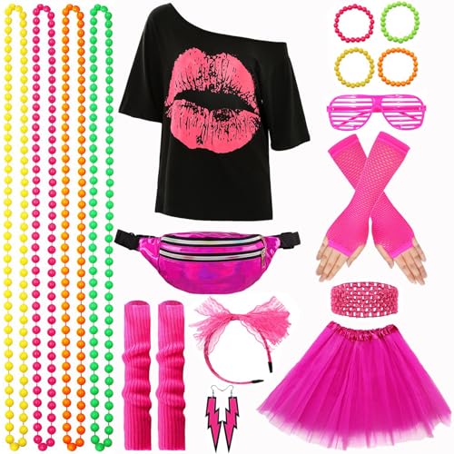 XCMVCN 80er & 90er Jahre Outfit Damen, Kostüm 80er Jahre damen für Fasching und Mottoparty Neon Accessoires Thema Party - L von XCMVCN