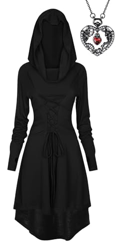 XCMVCN Gothic Kleid Damen Mittelalter Renaissance Langarm Retro Mit Kapuze Kleid Damen, mit Gothic Herzförmiger Schädel-Halskette, Halloween Karneval und Rollenspiel Kostüme - (Schwarz, L) von XCMVCN