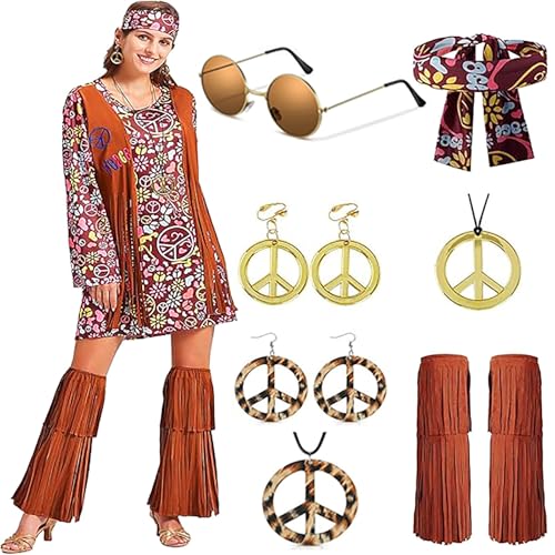 XCMVCN 11 Stück Hippie Kostüm Damen Set, 60 70er Jahre für Damen Hippie Kleidung, Halloween Kostüm Karneval Kostüm Damen Disco Party Cosplay Faschingskostüme - L von XCMVCN