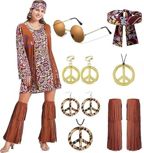 XCMVCN 11 Stück Hippie Kostüm Damen Set, 60 70er Jahre für Damen Hippie Kleidung, Halloween Kostüm Karneval Kostüm Damen Disco Party Cosplay Faschingskostüme - XXL von XCMVCN