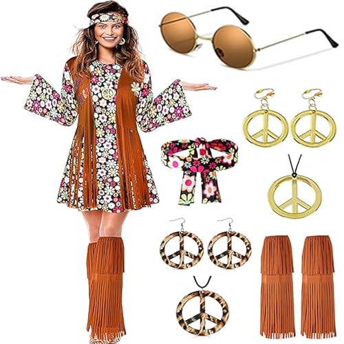 XCMVCN Hippie Kostüm Damen Kostüme Faschingskostüme L 70er Jahre Bekleidung Kleid Frau von XCMVCN