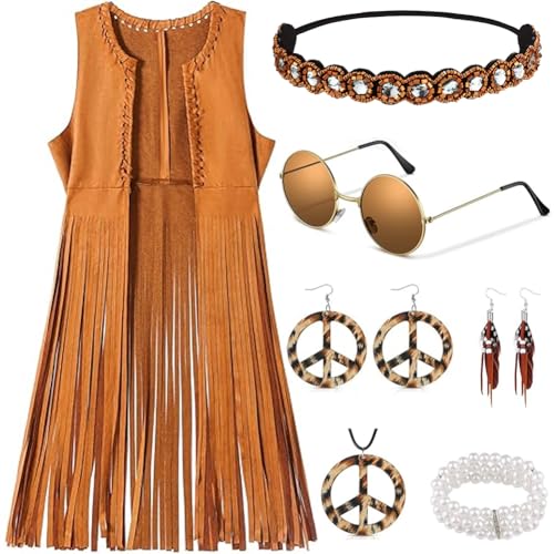 XCMVCN Hippie Kostüm Damen Set Fransen ärmellose Damen 60er 70er Jahre Halloween Kostüm Karneval Kostüm Damen Disco Faschingskostüme 9 Stück Set (Braun,M) von XCMVCN