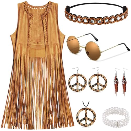 XCMVCN Hippie Kostüm Damen Set Fransen ärmellose Damen 60er 70er Jahre Halloween Kostüm Karneval Kostüm Damen Disco Faschingskostüme 9 Stück Set (Braun,S) von XCMVCN