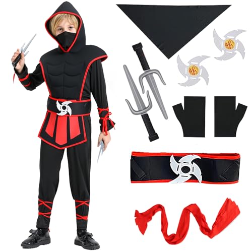 XCMVCN Kinder Ninja Kostüm set, mit Ninja Zubehör Karneval Kostüm Halloweenkostüm Ninja Rollenspiel Faschingskostüme (Schwarz Rot, L) von XCMVCN