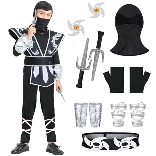 XCMVCN Kinder Ninja Kostüm set, mit Ninja Zubehör Karneval Kostüm Halloweenkostüm Ninja Rollenspiel Faschingskostüme (Schwarz Silber, M) von XCMVCN