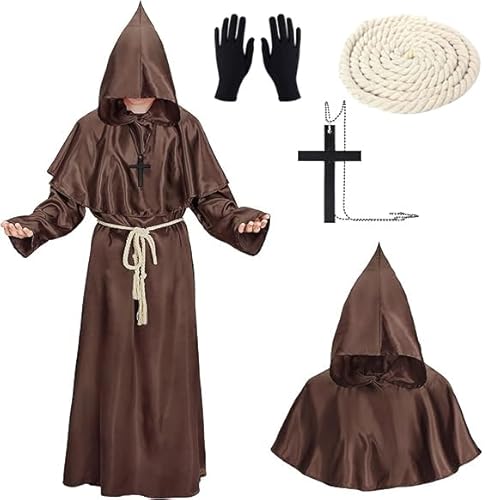 XCMVCN Mönch Robe Mittelalter Renaissance Robe, Herren Kapuze Mönch Robe Priester Kostüm, mit Kreuz-Halskette, Handschuhe und Kordel,Halloween, Karneval und Rollenspiel Kostüme(Braun，XXL) von XCMVCN