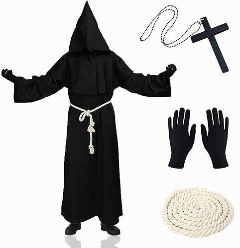 XCMVCN Mönch Robe Mittelalter Renaissance Robe, Herren Kapuze Mönch Robe Priester Kostüm, mit Kreuz-Halskette, Handschuhe und Kordel,Halloween, Karneval und Rollenspiel Kostüme(Schwarz,L) von XCMVCN