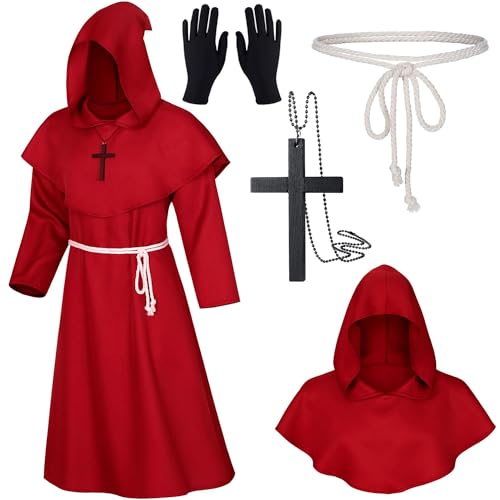 XCMVCN Mönch Robe Mittelalter Renaissance Robe, Herren Kapuze Mönch Robe Priester Kostüm, mit Kreuz-Halskette, Handschuhe und Kordel,Halloween, Karneval und Rollenspiel Kostüme(Rot，M) von XCMVCN