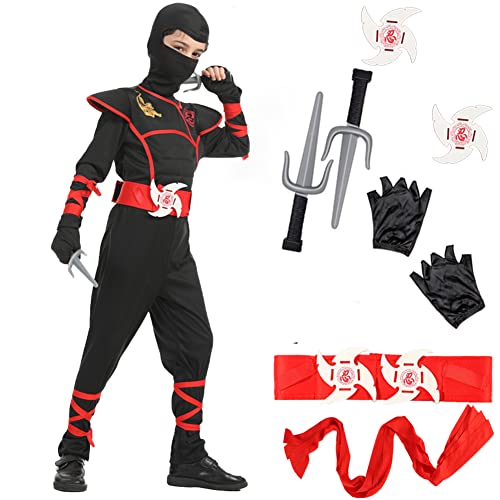 XCMVCN Ninja Kostüm Kinder Jungen Mädchen, 13 Stück Ninja Kostüm Accessoire Set, Halloween und Faschings Party Cosplay 3.0 Ninja Kostüm Set (Rot Schwarz, L) von XCMVCN