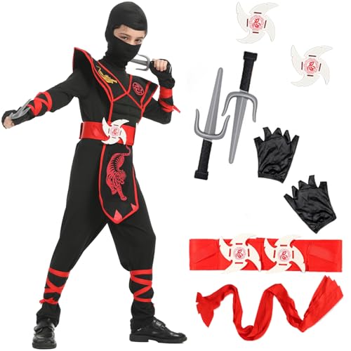 XCMVCN Ninja Kostüm Kinder, 14 Stück Accessoire Set Ninja Kostüm Jungen & Mädchen, Halloween und Faschings Party Cosplay Ninja Kostüm Set (Schwarz, M) von XCMVCN