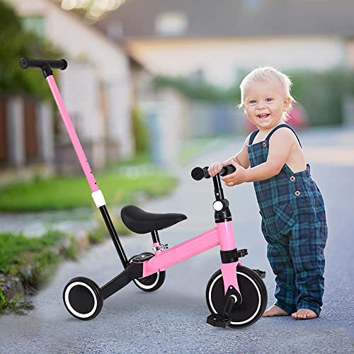 Kleinkind-Dreirad, Kinderfahrrad Laufrad mit Abnehmbare Zusammenklappbar Pedale, Dreirad mit Verstellbaren Sitzen, Lauflernhilfe für Kinder ab 1 Jahre bis 4 Jahren (Mit Putter-Rosa) von XDAILUYYDS