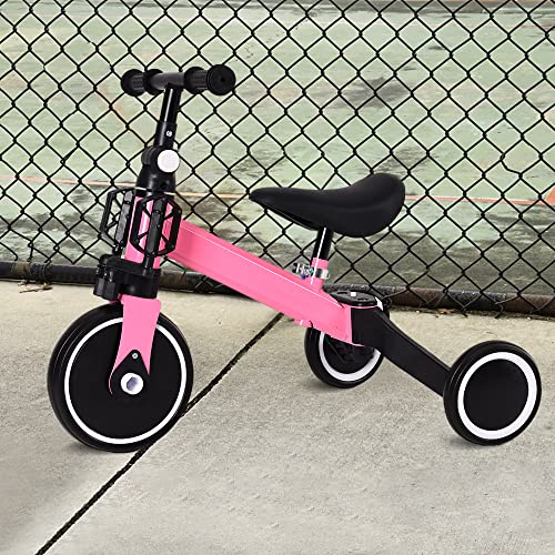 Kleinkind-Dreirad, Kinderfahrrad Laufrad mit Abnehmbare Zusammenklappbar Pedale, Dreirad mit Verstellbaren Sitzen, Lauflernhilfe für Kinder ab 1 Jahre bis 4 Jahren (Ohne Putter-Rosa) von XDAILUYYDS