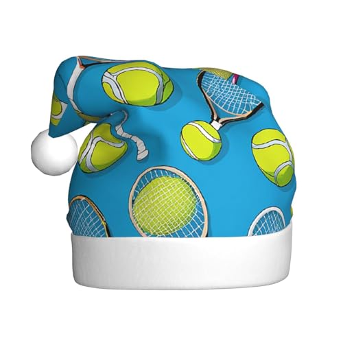 XDCYWBZDBC Lustige Tennisschläger und Tennisbälle für Erwachsene, Weihnachtsmütze, Weihnachtsfeier, Weihnachtsmütze, Winter, Plüschball, Weihnachtsmütze, Unisex, Erwachsene, Weihnachtsmannmütze, von XDCYWBZDBC