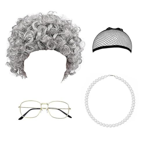 XDGBGFN 4 Stück Old Lady Kostüm Zubehör Set, Oma Perücke Perücke Kappe Oma Brillen Ketten Perlenkette, Alte Dame Kostüm Accessoire Set von XDGBGFN