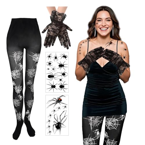 4 Stück Spinnenkostüm Damen Set Spinnenweben Strumpfhose Schwarze Spitzenhandschuhe und Spinnen Gesichtstattoos für Faschingskostüme, Karneval, Cosplay von XDGBGFN