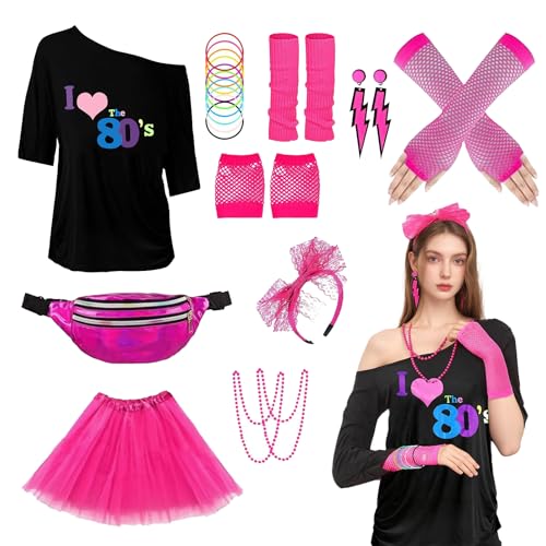 80er 90er Jahre Outfit Damen Set, I Love 80s T-Shirt, Beinwärmer, Stirnband, Ohrring, Halskette, Netzhandschuhe, 80er 90er Jahre Kleidung Accessoires für Party Karneval Fasching Damen (Rosa, L) von XDGBGFN