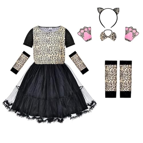 9 Stücke Leoparden Kostüm Kinder Set Mädchen Leoparden Kostüme Karneval Kleid Braun Leopardenkostüm Haarreif Handschuhe Legcovers und Leoparden Kleid für Karneval Themenparty Kostüm Party (XL) von XDGBGFN