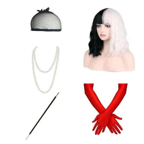 Frauen Schwarz Weiß Cosplay Perücken Damen Kostüm 70er Jahre Accessoires mit Rot Handschuhe Perle Halskette und Halter für Halloween Karneval Kostüm Damen Party ﻿ von XDGBGFN