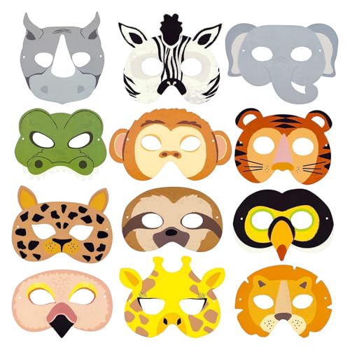 XDGBGFN 12 Stücke Tiermasken Kindermasken Dschungel Zoo Maske Cosplay für Kinder Geburtstag Thema Party Dekoration Requisiten Zubehör von XDGBGFN