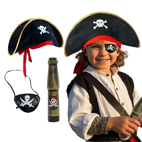 XDGBGFN 3 Stück Piratenkostüm Kinder mit Piraten Hut Fernrohr Kinder und Patch Set Piraten Kostüm Zubehör Piratenhut Kinder für Karneval von XDGBGFN